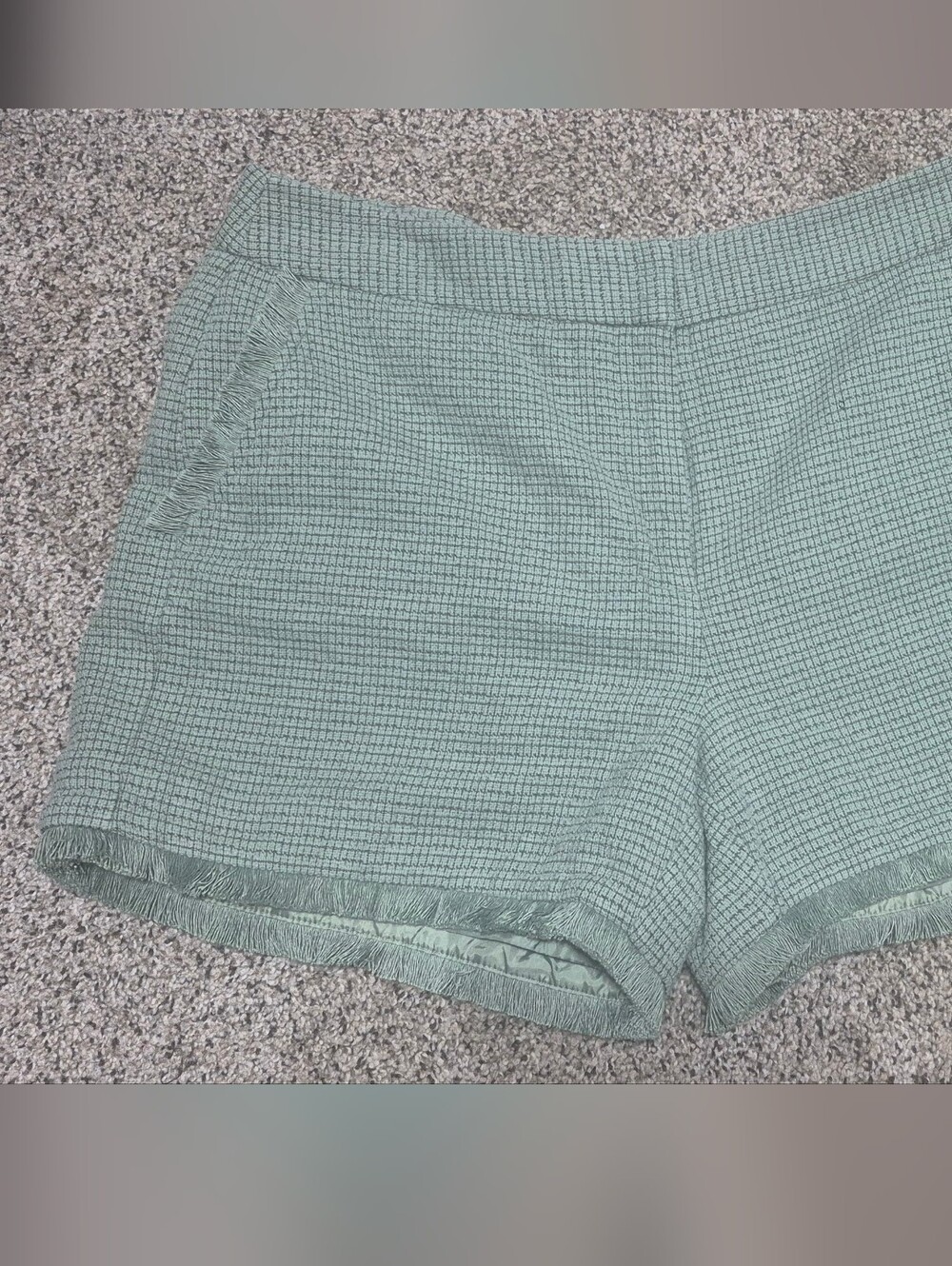 Kaari Blue Sage Green Textured Shorts Size 10 Tweed Fringe Hem Lined Zip Front - Picture 2 of 6